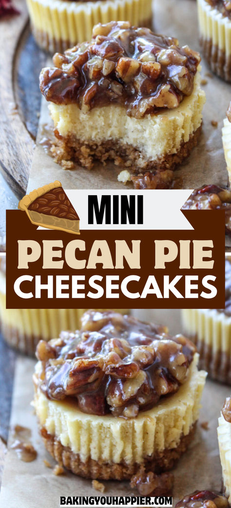 Mini Pecan Pie Cheesecakes, these decadent little cheesecakes are topped with a rich and delicious gooey, crunchy pecan pie topping! Mini Peacon Pie, Mini Pecan Pie Cheesecake Recipe, Holiday Deserts Thanksgiving, Cheesecake With Pecan Pie Topping, Pecan Pie Cheesecake Topping, Mini Cheesecake Pies, Dessert Recipes Easy Thanksgiving, Gluten Free Pecan Cheesecake, Pecan Pie Recipe Mini