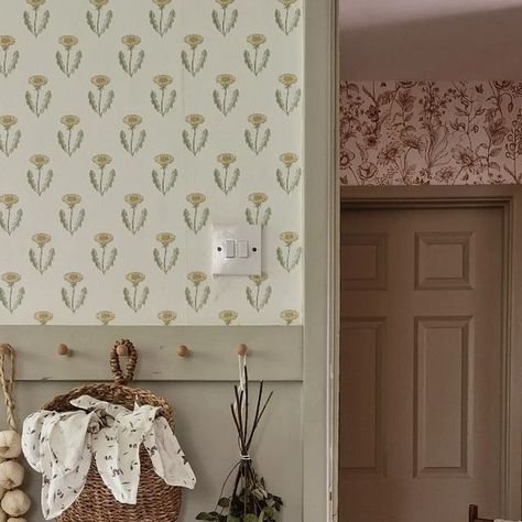 Small House Wallpaper, Stenciled Walls Ideas Living Room, Half Paneled Walls With Wallpaper, Floral Wallpaper And Panelling, Wallpaper Paint Combo, Painted Waistcoating, Cottage Walls Interior, Wallpaper And Wainscoting Dining Room, Half Wall Paneling With Wallpaper