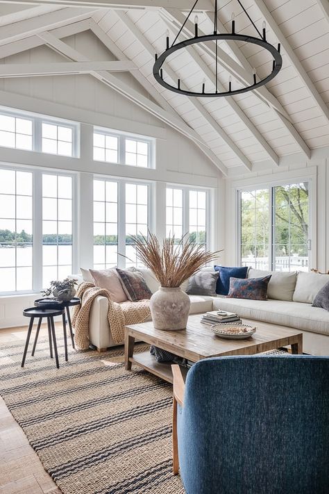 Woodsy Coastal Home, Lake House Home Decor, Vacation Living Room, Small Lakehouse Ideas, Large Window Wall Living Room, Interior Design Lake House, Lake House Great Room Ideas, Texas Lake House Decor, Lake House Interior Decor