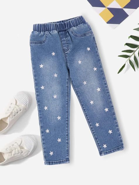 Toddler Girls Star Print Elastic Waist Jeans | SHEIN USA Vampire Oc, White Jeans Girls, Sparkle Jeans, Girls Winter Fashion, Elastic Waist Jeans, Toddler Jeans, Latest Jeans, Romantic Bedroom