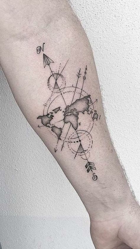 40 Inspiring Travel Tattoo Ideas For Wanderers Out There Traveler Tattoo, Tattoo Map, World Travel Tattoos, World Map Tattoo, World Map Tattoos, Map Tattoo, Tattoo Diy, Map Tattoos, Symbol Tattoo