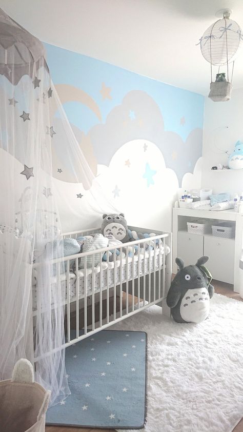 Ghibli Themed Nursery, My Neighbor Totoro Room Ideas, Totoro Bedroom Ideas, Ghibli Nursery Ideas, Ponyo Nursery, My Neighbor Totoro Nursery, Studio Ghibli Room Decor Aesthetic, Studio Ghibli Nursery Ideas, Ghibli Baby Room