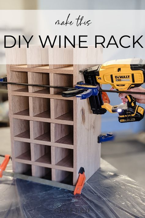 Have some scrap plywood laying around? Turn it into a beautiful DIY wine rack! This DIY wine rack can store 18 bottles of wine. Make yours today! Diy Wood Wine Holder, Tree Wine Rack, Wine Rack Dyi, Diy Small Wine Rack, Diy Wine Rack Projects Wood, Diy Wine Rack Above Fridge, How To Build Wine Rack, Over Door Wine Rack, Wine Shelving Ideas