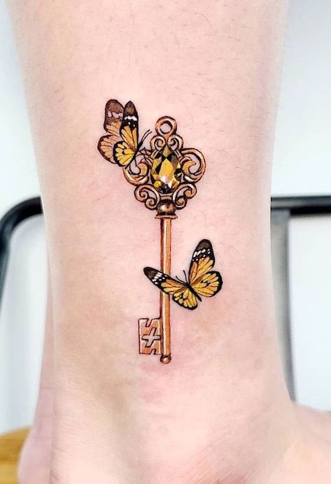 Key Tattoo Meaning, Gold Butterfly Tattoo, Charms Tattoo, Keys Tattoo, Key And Butterfly Tattoo, Key Tattoos For Women, Key Flower Tattoo, Key Tattoo With Flowers, Key Butterfly Tattoo