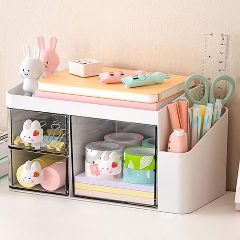 Cute Organizers For Desk, Cute Makeup Brush Holder, Cute Desk Organization Ideas, Stationery Organization Ideas, Makeup Organisers, Small Drawer Organizer, Desk Organisers, Clear Drawers, Cute Desk Organization