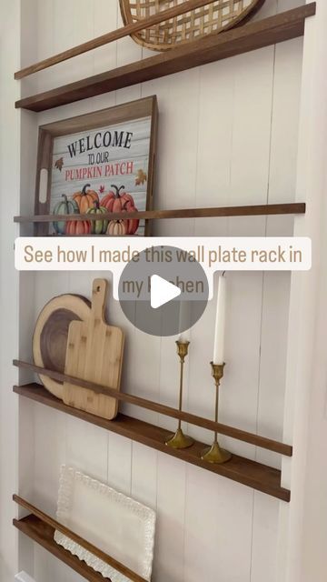 Jenna & Leo on Instagram: "This blank wall in our kitchen was the perfect spot for a wall plate rack. I love how this project turned out and am thrilled with the impact it has on the kitchen space. 

I don’t have this fully styled yet, but that will happen in time. Picture a cookbook, a framed landscape photo, olive oil and balsamic vinegar glass dispensers, and a maybe plant. 😍

This was low budget and high impact ✔️ 

The frame and backing of this unit are the same colour as my walls - SW Snowbound. The stain on the shelves and rails is Special Walnut. 

#platewallrack #kitchendiy #budgetdecorating #budgetproject #diy #pei #femalediyer #kitchenshelving" Kitchen Plate Rack Ideas, Platter Shelves, Empty Wall In Kitchen, Blank Wall In Kitchen Ideas, Sw Snowbound, Wall Plate Rack, Plate Racks In Kitchen, Kitchen Plate, Plate Rack