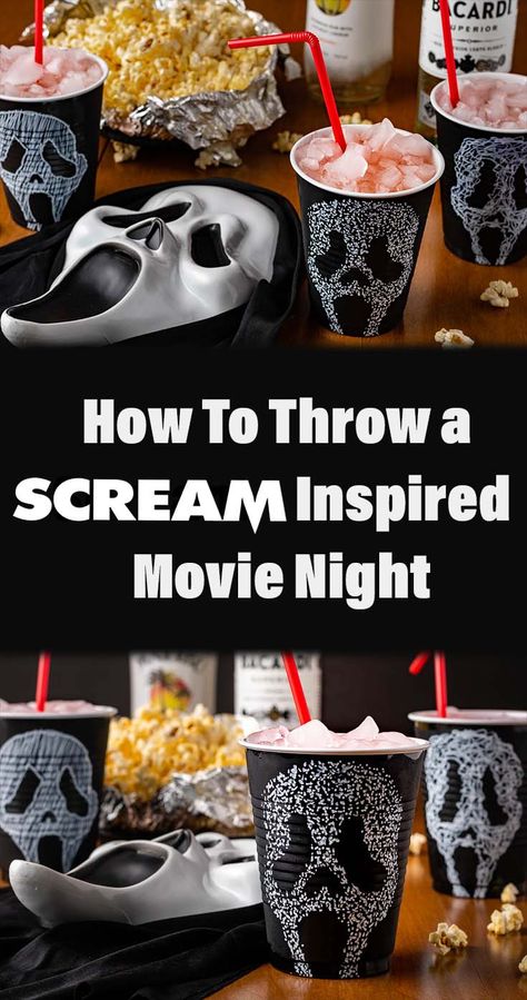 The Geeks have put together a guide on having a Scream inspired movie night that even Randy would be proud of! 2geekswhoeat.com #Scream #HorrorMovies #MovieNight #HorrorCocktails #halloweenideas Scream Movie Night Ideas, Scream Movie Cocktail, Scream Movie Dinner Ideas, Horror Movie Themed Dinner, Scream Food Ideas, Scream Themed Movie Night, Scream Movie Themed Birthday, Scream Ghostface Birthday Party, Scream Movie Party Ideas