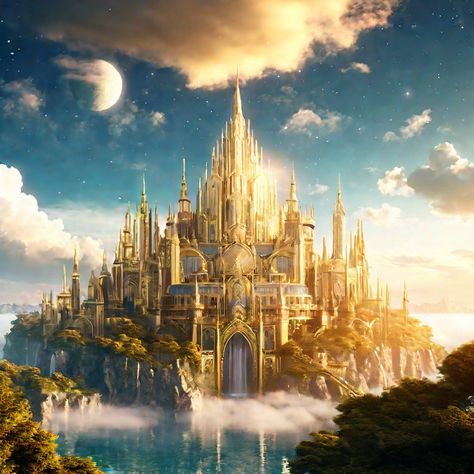 Celestial kingdom by Flavio Eduardo Lopes Alosilha - Playground Light Kingdom Fantasy Art, Golden Kingdom Fantasy Art, Fantasy Places City, Fantasy Kingdom Cities, Japanese Fortress, Celestial Castle, Evil Kingdom, Sun Castle, Castle Concept Art