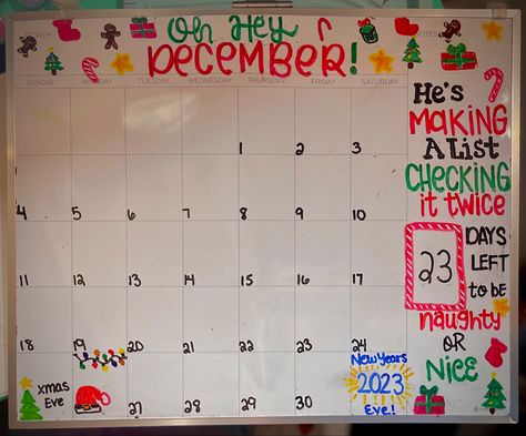 Christmas White Board Calendar, Whiteboard Christmas Countdown, December Calendar Whiteboard Ideas, December Calendar Doodles, Chalkboard Calendar Ideas December, Christmas Whiteboard Calendar Ideas, Christmas Calendar Whiteboard, December Calendar 2023 Whiteboard, Calender Decorating Ideas