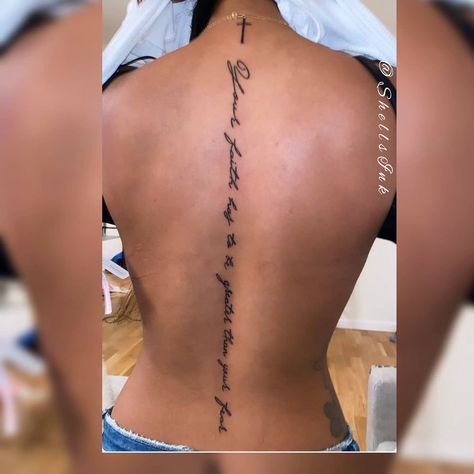 Back Tattoo Women Spine Black Woman, Bible Scripture Spine Tattoos, Spine Tattoo Scripture, Verse Spine Tattoos For Women, Scripture Tattoos Spine, Godly Spine Tattoos For Women, Add Ons To Spine Tattoos, Spinal Tattoo Black Women, Spine Tattoos On Black Women