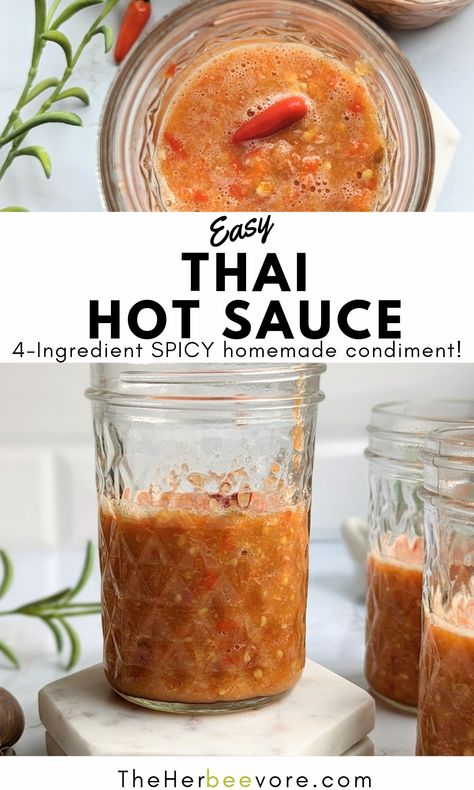 Thai Hot Sauce Recipe (Fire Api) - The Herbeevore Thai Chili Pepper Hot Sauce, Thai Red Chili Sauce, Thai Pepper Sauce, Jar Pepper Recipes, Thai Chili Hot Sauce Recipe, Thai Hot Chili Pepper Recipes, Thai Chili Pepper Sauce, Thai Hot Sauce, Thai Pepper Hot Sauce