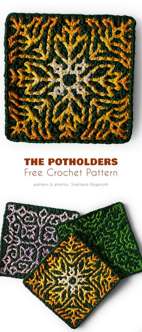 The potholder Crochet Mosaic, Crochet Potholder Patterns, Crochet Hot Pads, Mosaic Crochet, Crochet Coaster Pattern, Crochet Potholders, Crochet Blocks, Crochet Decoration, Your Crochet