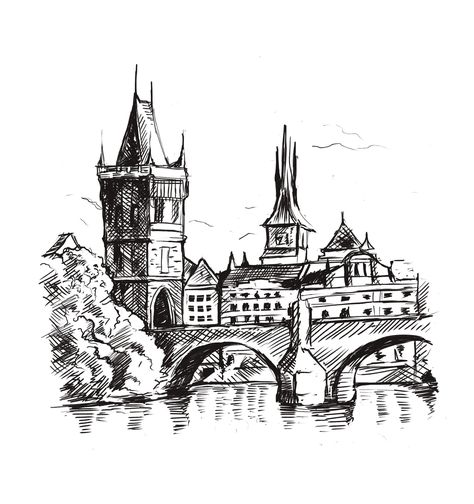 Vintage Pencil Drawings, Prague Tattoo Ideas, Prague Sketch, Vienna Drawing, Prague Tattoo, Europe Drawing, Prague Painting, Castle Sketch, Cityscape Drawing