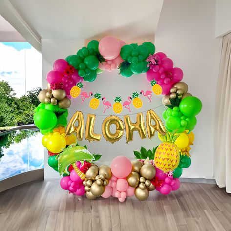 PRICES MAY VARY. 【Tropical Themed Balloon Kit】Includes the following 146 different sizes of 5/10/12/18 inch balloons, we chose hot pink/lime green/light pink/yellow/gold as the theme color palette, added flamingo banner, coconut tree, 16-inch letter "ALHA" and pineapple mylar balloons, free balloon tools make it easier for you to DIY, very suitable for tropical Hawaiian, beach, ALOHA,Luau theme parties. Can be used for birthday celebrations. 【100% Reliable Color 】 We insist on 100% real photogra Luau Prom Theme, Hawian Party Ideas, Tropical Sweet 16, Hawaii Decorations, Birthday Beach Party, Hawaii Birthday Party, Luau Party Ideas, Luau Decorations, Indoor Picnic