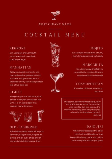 Cocktail Sketch in Stylish Minimal Maroon Online Menu Template - VistaCreate Cocktail Sketch, Cocktail Menu Design, Sketch Bar, Red Drinks, Menu Layout, Seven Springs, Jazz Bar, Menu Design Template, Ebook Design