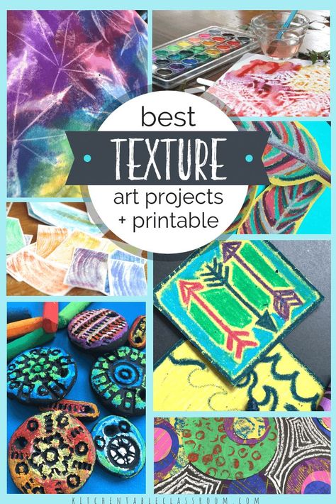 Use this free texture printable and collection of art projects that focus on the element of texture to teach kids about actual texture and implied texture! Texture In Art, Implied Texture, Texture Art Projects, 7 Elements Of Art, Homeschool Art Projects, Kindergarten Art Projects, Art Curriculum, Elementary Art Projects, Homeschool Art