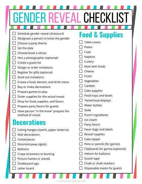 gender reveal checklist with long list of items for planning the party, including steps for planning the vent, decorations to get, and other food and supplies needed Gender Reveal Checklist, Foto Gender Reveal, Gender Reveal Ultrasound, Checklist Ideas, Gender Reveal Party Food, Gender Reveal Diy, Simple Gender Reveal, Creative Gender Reveals, Reveal Party Games