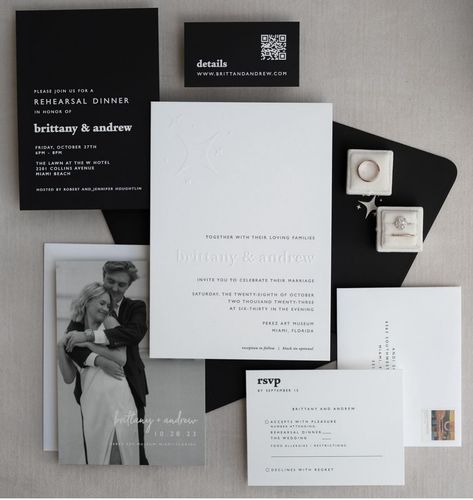 Brittany & Andrew kept it classy with a monotone theme throughout their wedding stationery, from Save the Dates featuring a classic black & white photo to their gorgeous wedding invitations with blind embossing and raised UV print. Love!! Collins Avenue Miami, Black Tie Wedding Invitations, Perez Art Museum, Blind Embossing, W Hotel, Black Tie Wedding, Black White Photos, Wedding Food, Rehearsal Dinners