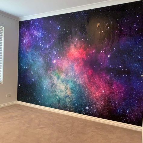 Galaxy Wall Bedroom, Galaxy Ceiling Diy Bedroom, Galaxy Wallpaper Room Bedrooms, Galaxy Wall Design, Glitter Wall Bedroom Ideas, Galaxy Wall Bedroom Ideas, Galaxy Bedroom Wall, Galaxy Walls Bedroom, Galaxy Room Painting Ideas