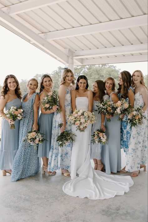 Linens Blues And Neutral Hues Wedding, Same Colour Different Dress Bridesmaids, Something Blue Wedding Bridesmaids, Light Blue And White Bridesmaid Dresses, Floral Mix Match Bridesmaid Dresses, Light Blue Mixed Bridesmaid Dresses, All Blue Wedding Party, Different Color Blue Bridesmaid Dresses, Wedding Different Bridesmaid Dresses