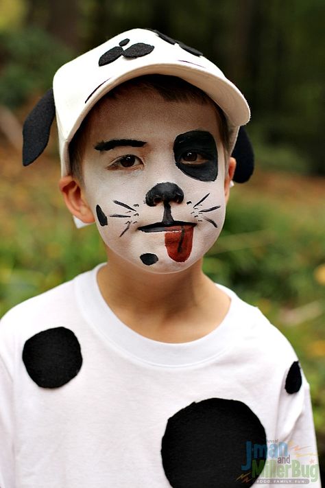 Puppy Dog Face Paint Easy, 101 Dalmations Costume For Kids Diy, Homemade Dalmatian Costume, Dalmatian Face Paint Kids, Dalmatian Makeup Kids, Dalmation Puppy Costume, Diy Dalmation Costume Kids, Diy Puppy Costume For Kids, Dalmation Costume Diy