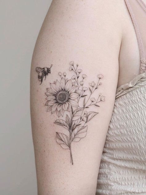 Sunflower Bee Tattoo, Bee And Sunflower Tattoo, Sunflower Fine Line Tattoo, Bumble Bee Tattoo Flowers, Bee With Flowers Tattoo, Sunflower Rib Tattoo, Sunflower And Bee Tattoo, Bee Flower Tattoo, Sunflower Bouquet Tattoo