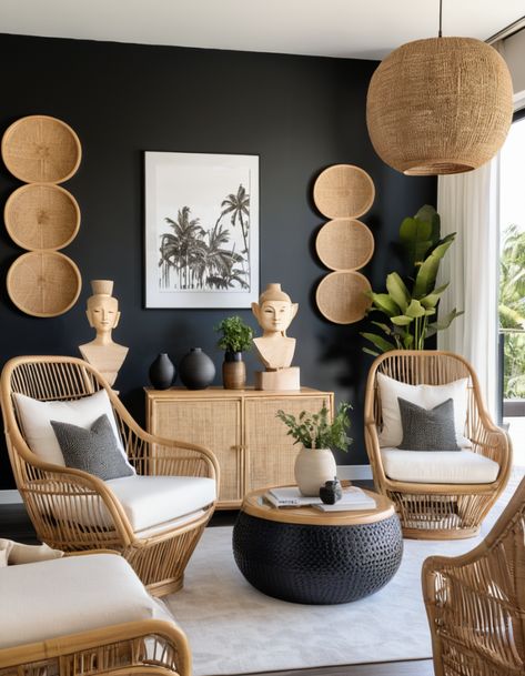 Sophisticated Shadows: 50 Unconventional Black Living Room Concepts Rattan Boho Living Rooms, Black Boho Chic Living Room, Black White And Grey Boho Living Room, Chilled Living Room Ideas, Black Boho Living Room Ideas, Black And Bamboo Living Room, White Black And Wood Decor, Boho With Black Furniture, Black Rattan Living Room