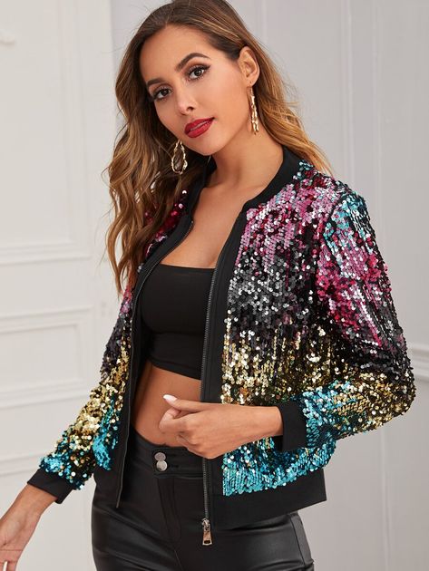 Zip Up Sequin Bomber Jacket | SHEIN USA Demin Jacket, Sequin Jacket, Collar Jacket, Casual Vest, Coats And Jackets, Long Sleeves Jacket, Casual Jacket, Outerwear Women, Jacket Outfits