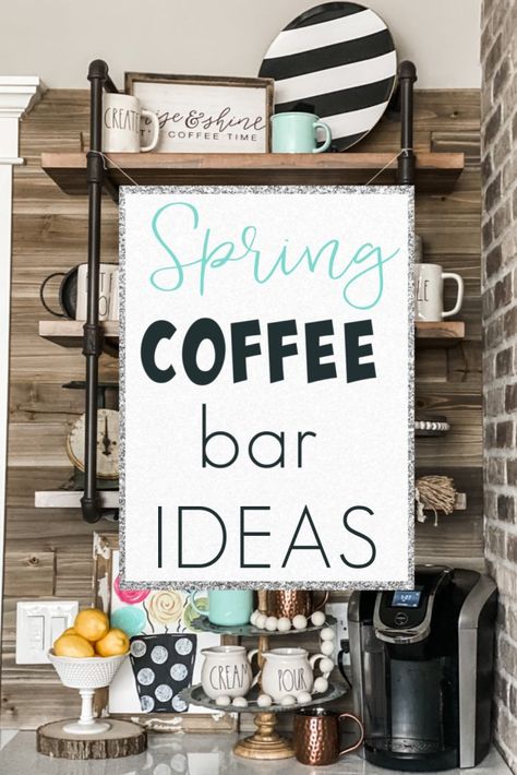 Spring Coffee Bar, Coffee Bar Decor Ideas, Coffee Bar Inspiration, Small Coffee Bar Ideas, Small Coffee Bar, Bar Decor Ideas, Farmhouse Coffee Bar, Office Pantry, Coffee Bar Design