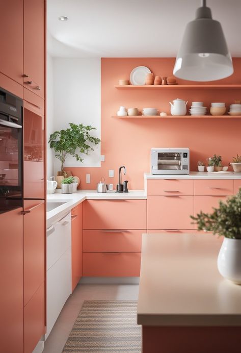 Coral Kitchen Ideas, Coral Wall Color, Coral Kitchen Cabinets, Peach Kitchen Cabinets, Two Tone Kitchen Cabinets Color Combinations, Coral Living Rooms, Monochromatic Kitchen, Coral Kitchen, Kitchen Cabinets Color Combination