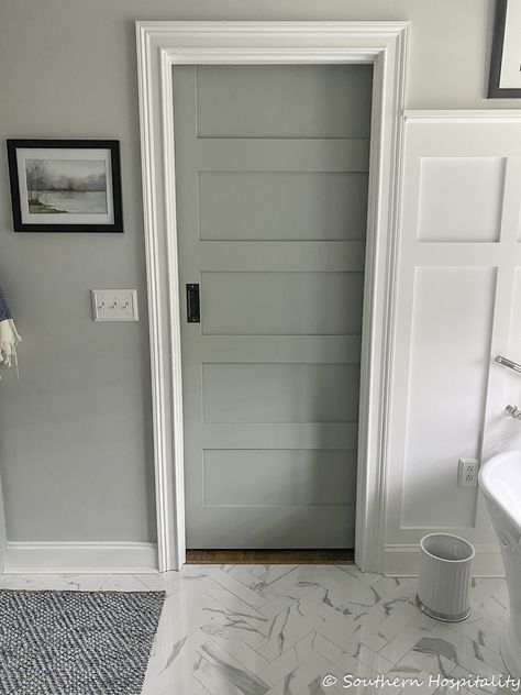 Adding a Sliding Barn Door to our Master Bath - Southern Hospitality Sliding Mirror Barn Door, Adding Pocket Door To Bathroom, Barn Door From Inside Room, Barn Door Inside Bathroom, Master Bath Pocket Door, Half Bath Door Ideas, Pocket Barn Door, Adding A Pocket Door, Inside Barn Door