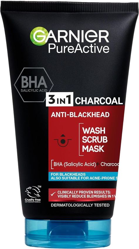 Garnier Pure Active 3 In 1 Charcoal Blackhead Mask Wash Scrub, Aloe Vera, 150 Ml, Pack Of 1 Garnier Pure Active, Height Exercise, Soothing Face Mask, Increase Height Exercise, Fat Burning Food, How To Reduce Pimples, Greasy Skin, Blackhead Mask, Natural Hair Mask