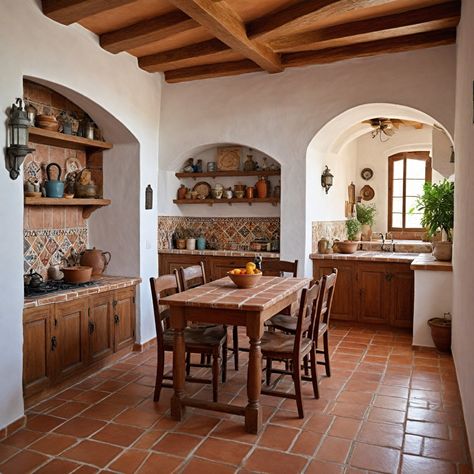 spanish style/living kitchen Spanish Kitchen Island Ideas, Small Kitchen Mediterranean Style, Spanish Style Tv Room, Southern Spanish Home, Spanish Mountain Home, Vintage Mexican Aesthetic House, Colombian Style Home, Latin Home Decor Spanish Style, Spanish Bungalow Interior Decor