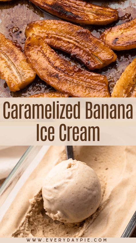 This unique Banana Ice Cream features caramelized bananas and a hint of cinnamon. It requires churning, but does not use eggs. Diy Ice Cream Flavors, Banana Cream Pie Ice Cream, Homemade Cinnamon Ice Cream, Plantain Ice Cream, Honey Sweetened Ice Cream, Creative Ice Cream Ideas, Interesting Ice Cream Flavors, No Churn Banana Ice Cream, Unique Ice Cream Recipes