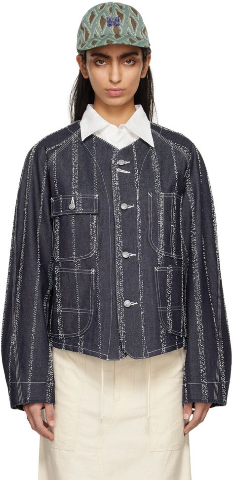 Sashiko Clothing, Short Denim Jacket, Striped Denim, Patchwork Denim, Patchwork Jacket, Short Denim, 가을 패션, Contrast Stitch, Flap Pocket