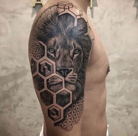 Shoulder Tattoo 24 Ideas for Men: Exploring Unique and Stylish Designs Lion Bicep Tattoo Men, Shoulder Half Sleeve Tattoo Men, Lion Tattoo Shoulder Men, Animal Shoulder Tattoo For Men, Shoulder Tattoo Men Ideas Design Stencil, Shoulder Lion Tattoo For Men, Upper Arm Lion Tattoo For Men, Lion Shoulder Tattoo Men, Biceps Tattoos For Men