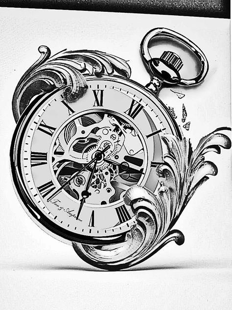 Clock Stencils Tattoo, Old Clock Tattoo Design, Pocket Watch Stencil, Old Watch Tattoo, Pocket Watch Tattoo Stencil, Old Clock Tattoo, Pocket Watch Drawing, Polka Tattoo Designs, Tattoo Clock