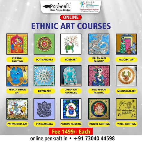 #LearnOnline with #Penkraft! #Penkraft #OnlineArtCourses are all structured, module-based, certified, 20-hours courses. The fee for each Penkraft Online Art course is INR ₹1,499/-. Material needed for each course is supplied FREE of cost and delivered to your address! To know more click here: https://online.penkraft.in/OnlineCourse/EthnicArtforms Contact us on +91 73040 44598 #PenkraftOnline #OnlineCourse #Artform #Art #Creativity #CertifiedCourse #Hobby #ArtCourses Cheriyal Art, Art Forms Of India, Indian Contemporary Art, Online Art Courses, Handwriting Calligraphy, Beautiful Art Paintings, Art Creativity, Art Therapy Activities, Madhubani Art