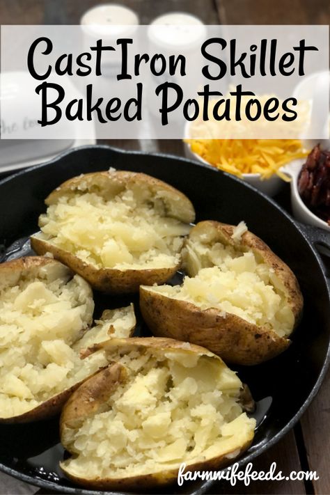 Baked Potatoes In Cast Iron Skillet, Cast Iron Baked Potatoes, Dutch Oven Baked Potatoes, Pan Baked Potatoes, Potatoes In Cast Iron Skillet, Roasted Potatoes And Onions, Roaster Recipes, Dutch Oven Recipes Cast Iron, Baked Potato With Cheese