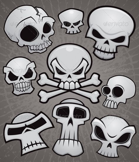 Cartoon Skull Collection  #GraphicRiver         A collection of vector cartoon skulls in various styles. High-resolution PSD and JPG files included along with Illustrator AI and EPS files. Cartoon Skull, Skulls And Bones, Skull Collection, Skulls Drawing, Graffiti Cartoons, Graffiti Characters, Seni 3d, Skull Artwork, Gambar Figur