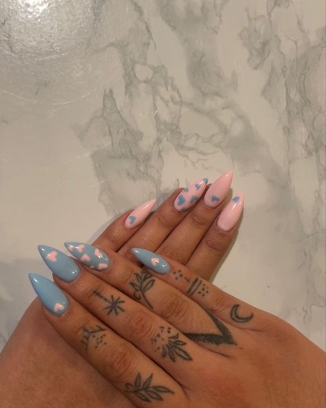 Pink And Blue Nail Inspiration, Blue Nails Pink Heart, Pastel Pink And Blue Nails Art Designs, Pink And Blue Valentines Nails, Blue Nails With Pink Heart, Blue And Pink Heart Nails, Light Blue And Light Pink Nails, Baby Blue Valentine Nails, Pink And Blue Pastel Nails