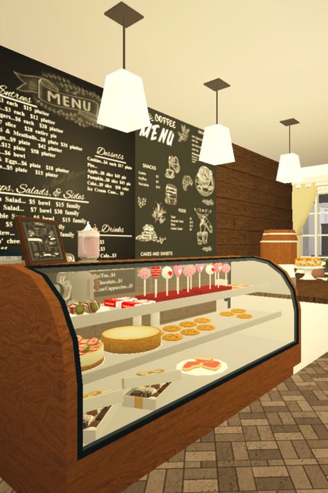 Bloxburg Diner Ideas Layout, Preppy Cafe Bloxburg, Bloxburg Cafe Bathroom Ideas, Bloxburg Cafe Design, Bloxburg Small Cafe Ideas, Restaurant Interior Design Bloxburg, Bloxburg Cafe Outside, Cozy Cafe Bloxburg, Bakery Bloxburg Interior