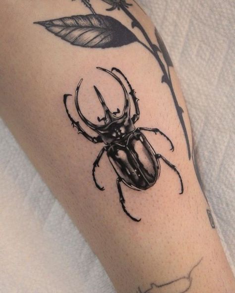 Beetle Bug Tattoo, Rhinosaurus Beetle Tattoo, Unique Insect Tattoo, Tattoo Ideas Bugs, Black Beetle Tattoo, Horned Beetle Tattoo, Beetle Leg Tattoo, Cool Bug Tattoos, Entomology Tattoo