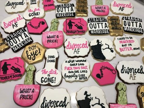 Divorce Shower Ideas, Divorce Theme Party, Divorce Cookies Decorated, Divorce Cookies Funny, Divorce Party Ideas Decoration, Divorce Cakes For Women, Divorce Cookies, Divorce Decorations, Divorce Party Games