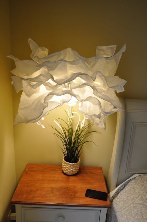 Hanging wall lamp from whimsy paper pendant light - IKEA Hackers Dyi Wall Lamps, Krusning Ikea, Ikea Paper Lantern, Paper Flower Lights, Paper Pendant Light, Cloud Lamp Diy, Ikea Instructions, Wall Lamps Diy, Paper Lamps