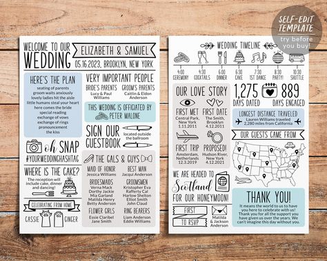 "Infographic Wedding Program Editable Template ➡️ MATCHING Collection here: www.etsy.com/shop/PuffPaperCo/items?search_query=handdrawnprogram01 THIS IS A TEMPLATE WHICH YOU CAN EDIT ON YOUR BROWSER- NO PHYSICAL PRODUCT WILL BE SHIPPED ❤️ EDITABLE TEMPLATE  - 5x7\" size included - Edit immediately right from your browser - Personalize most text, fonts, & colors - Change size, placement, or delete elements completely - Upload your own logo or image ------------------------------------ ⭐️➡️ TRY THIS TEMPLATE BEFORE BUYING ⬅️⭐️ Copy + Paste this DEMO link into your browser:  https://templett.com/design/demo/puffpaperco/19332746,13860667 ------------------------------------ ❤️ HOW THIS WORKS  1. Purchase the template in this listing. 2. You will receive a link in your email from TEMPLETT (not E Wedding Program Fun Facts, Wedding Program Infographic, Wedding Pamphlet Ceremony Programs, Wedding Pamphlet, Moto Wedding, Funny Wedding Programs, Wedding Programs Funny, Order Of Ceremony, Fun Wedding Programs