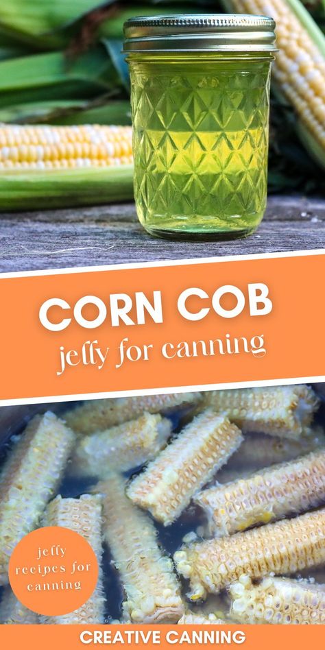 homemade corn cob jelly in a jar and corn cobs in a pot Corn Cob Jelly How To Make, Corn Cob Jelly Canning, Old Canning Recipes, Corncob Jelly Recipe, Preserving Corn Recipes, Corn Recipes For Canning, Corn Jelly Recipe, How To Preserve Corn On The Cob, Canning Corn Recipes Water Bath