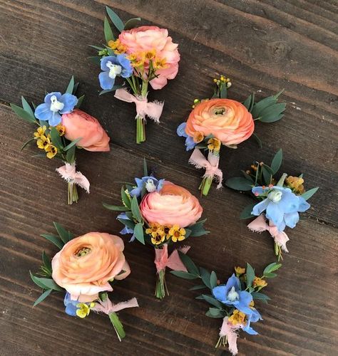 Peach Blue Boutonniere, Colorful Flower Boutonniere, Periwinkle And Peach Wedding, Colorful Wedding Boutonniere, Periwinkle Boutonniere, Garden Wedding Boutonniere, Peach Ranunculus Boutonniere, Peach Boutonniere Wedding, Blue Peach Wedding Flowers