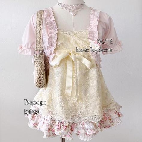 lattes's Depop Shop | Depop Lattes Depop, Shoujo Outfits, Dollcore Outfits, Himekaji Outfits, Babydoll Cami Top, Shoujo Girl, Babydoll Cami, Top With Bow, Baby Yellow