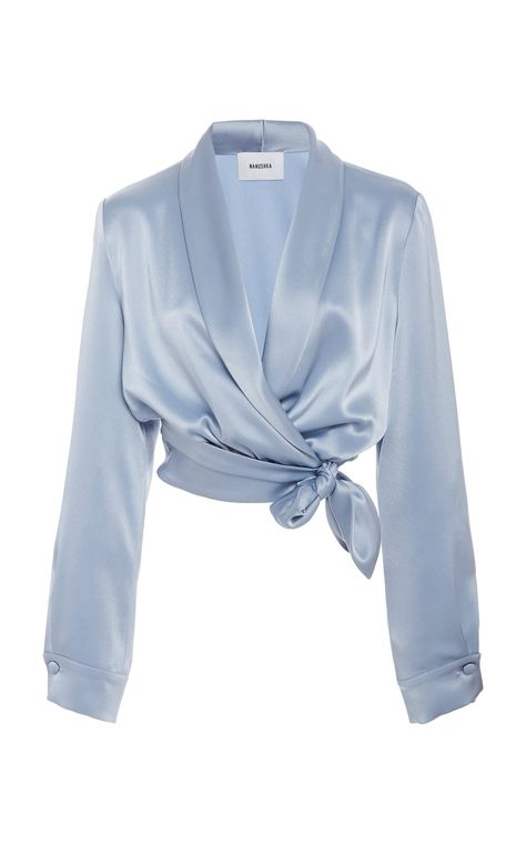 Nanushka Salome Satin Wrap Top in Blue Satin Wrap Top, Stile Hijab, White Ruffle Blouse, Button Up Shirt Womens, Black Mock Neck, 여름 스타일, African Print Dresses, 가을 패션, Mode Inspiration